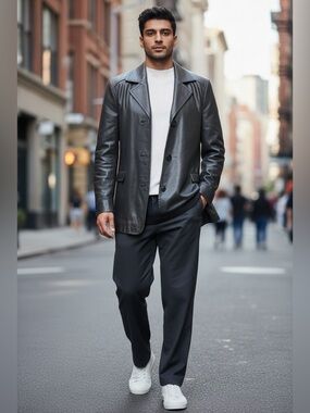 Gallery Men's Black Leather Trench Coat medium